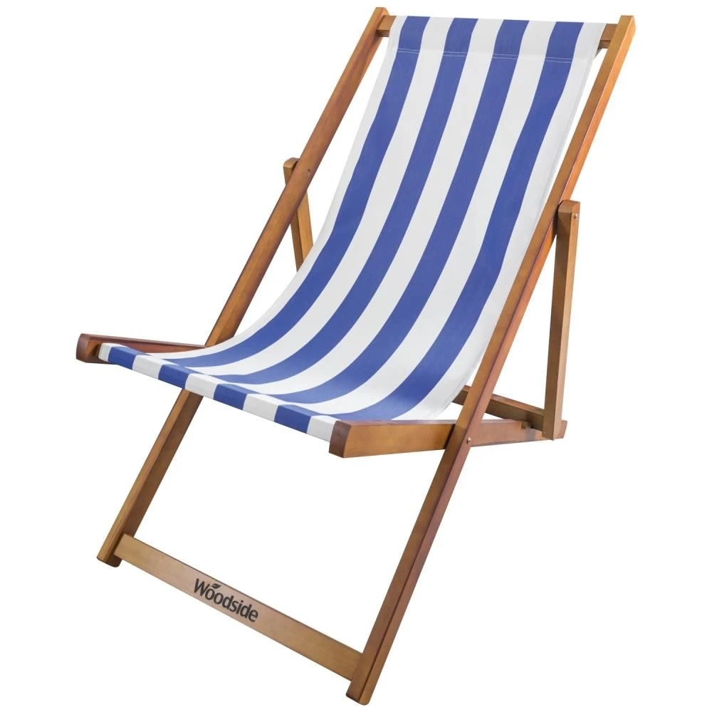 Woodside Traditional Folding Beach/Garden Wooden Deck Chair Seaside Lounger, Dark Blue/White 5 Woodside Traditional Folding Beach/Garden Wooden Deck Chair Seaside Lounger, Dark Blue/White - Image 3