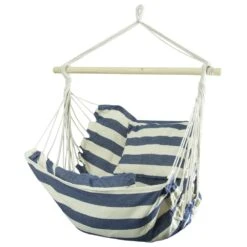 Woodside Swinging Garden Hammock Chair Outdoor Wooden Rope Swing Seat, Blue/White